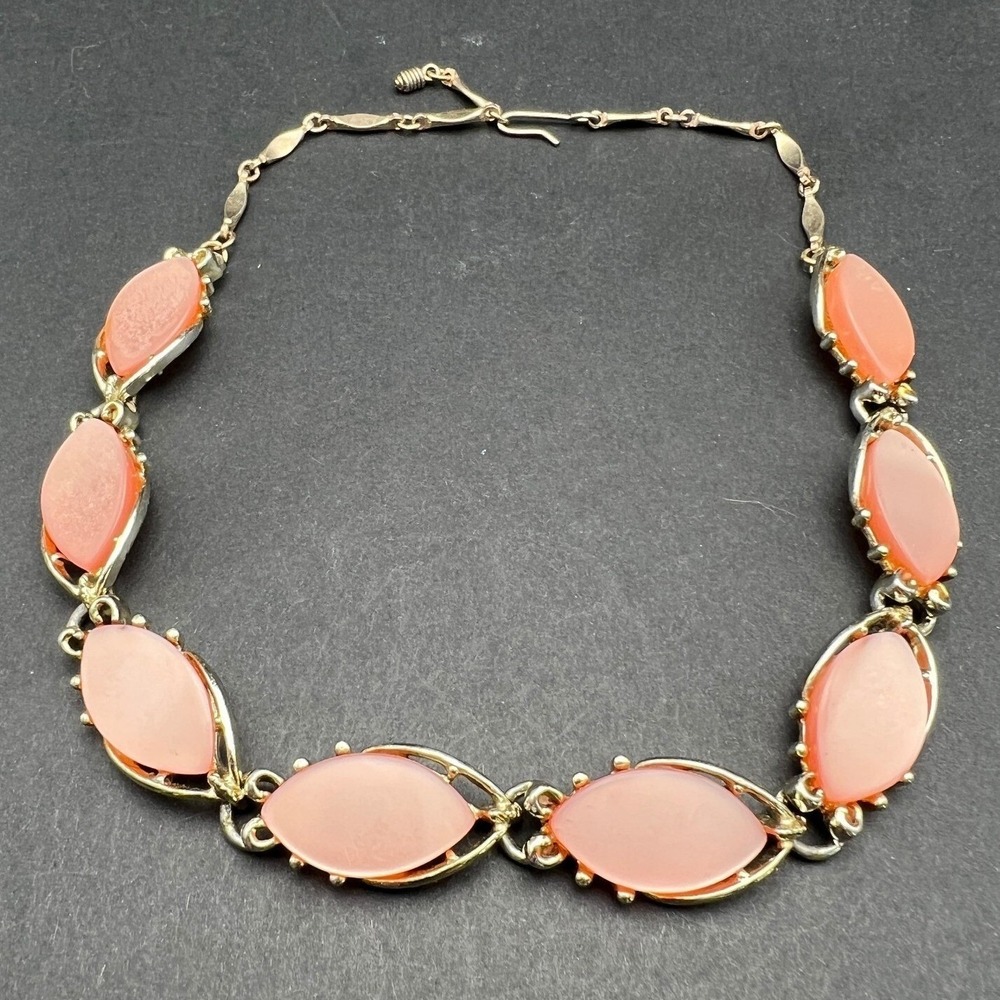 Vintage Pink Thermoset Station Necklace Gold Tone Mid Century Choker